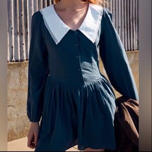 zara blue dress peter pan collared nwt small